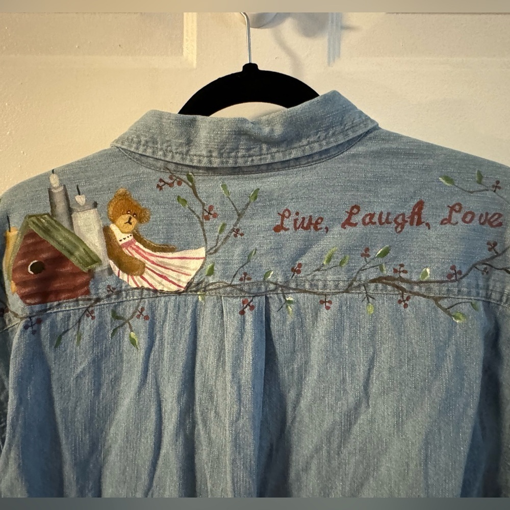 VTG Custom Denim Shirt Handpainted Embroidered Cotton Grannycore Coastal Grandma - Picture 1 of 15